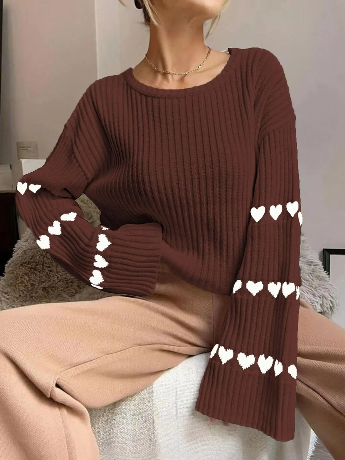 Women'S Colorblock Heart Print Drop Shoulder Sweater, Casual Long Sleeve round Neck Jumper for Fall & Winter, Fashion Ladies' Knitwear for Daily Wear