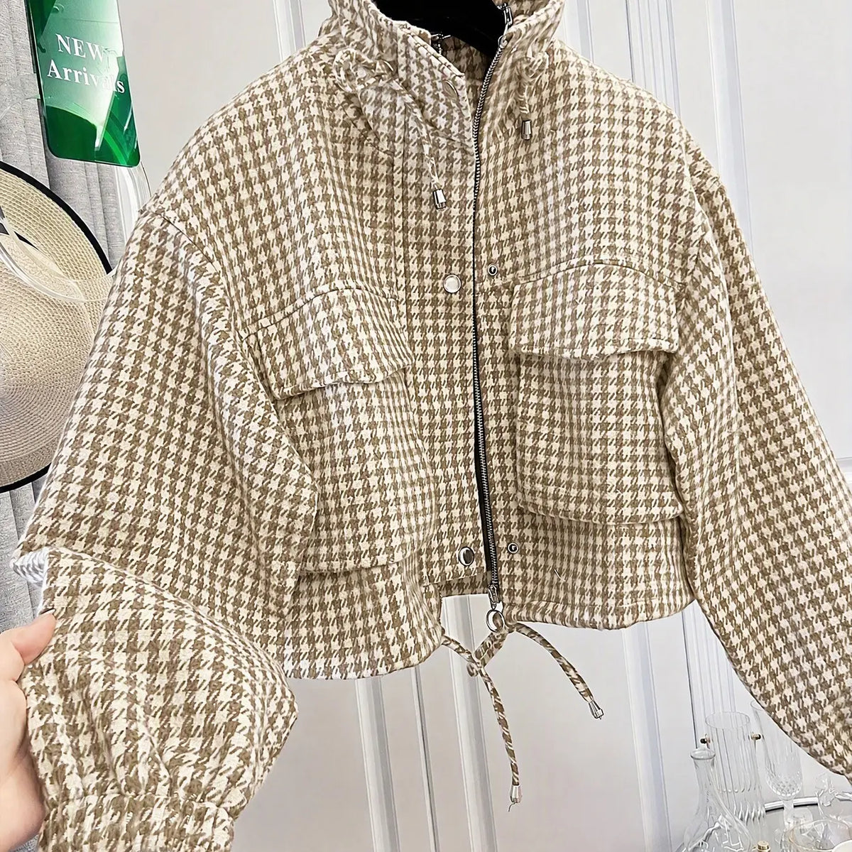 Women'S Fashion Retro Plaid Gingham Stand Collar Short Coat, Drawstring Design, Zipper Front, Perfect for Fall Winter Daily Holiday Outing