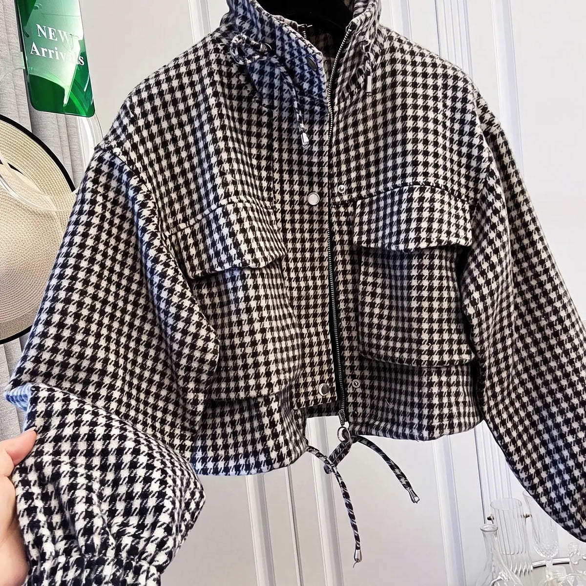 Women'S Fashion Retro Plaid Gingham Stand Collar Short Coat, Drawstring Design, Zipper Front, Perfect for Fall Winter Daily Holiday Outing