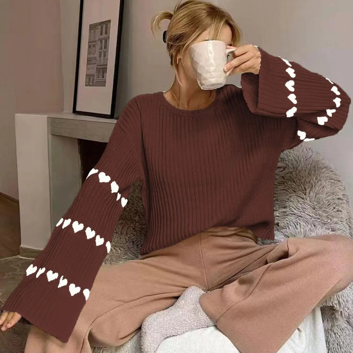 Women'S Colorblock Heart Print Drop Shoulder Sweater, Casual Long Sleeve round Neck Jumper for Fall & Winter, Fashion Ladies' Knitwear for Daily Wear