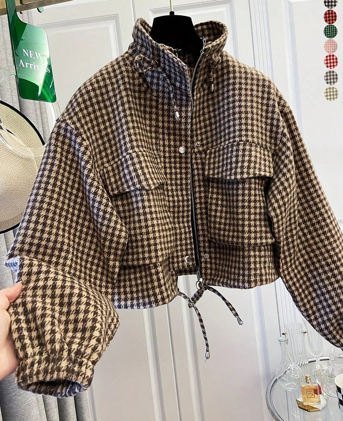Women'S Fashion Retro Plaid Gingham Stand Collar Short Coat, Drawstring Design, Zipper Front, Perfect for Fall Winter Daily Holiday Outing