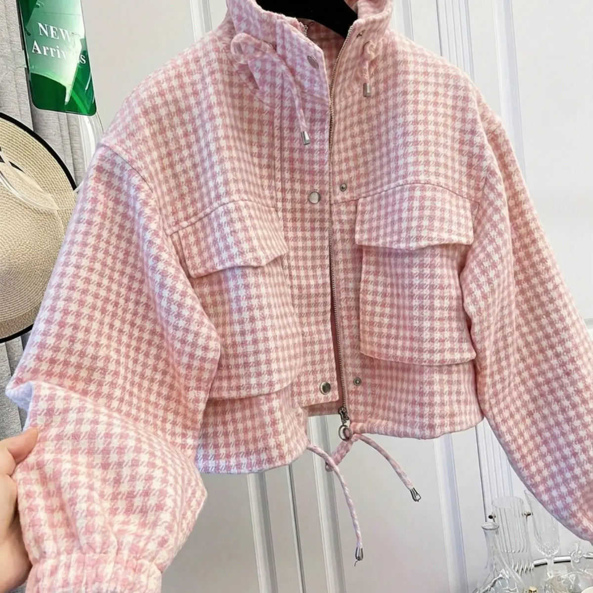 Women'S Fashion Retro Plaid Gingham Stand Collar Short Coat, Drawstring Design, Zipper Front, Perfect for Fall Winter Daily Holiday Outing