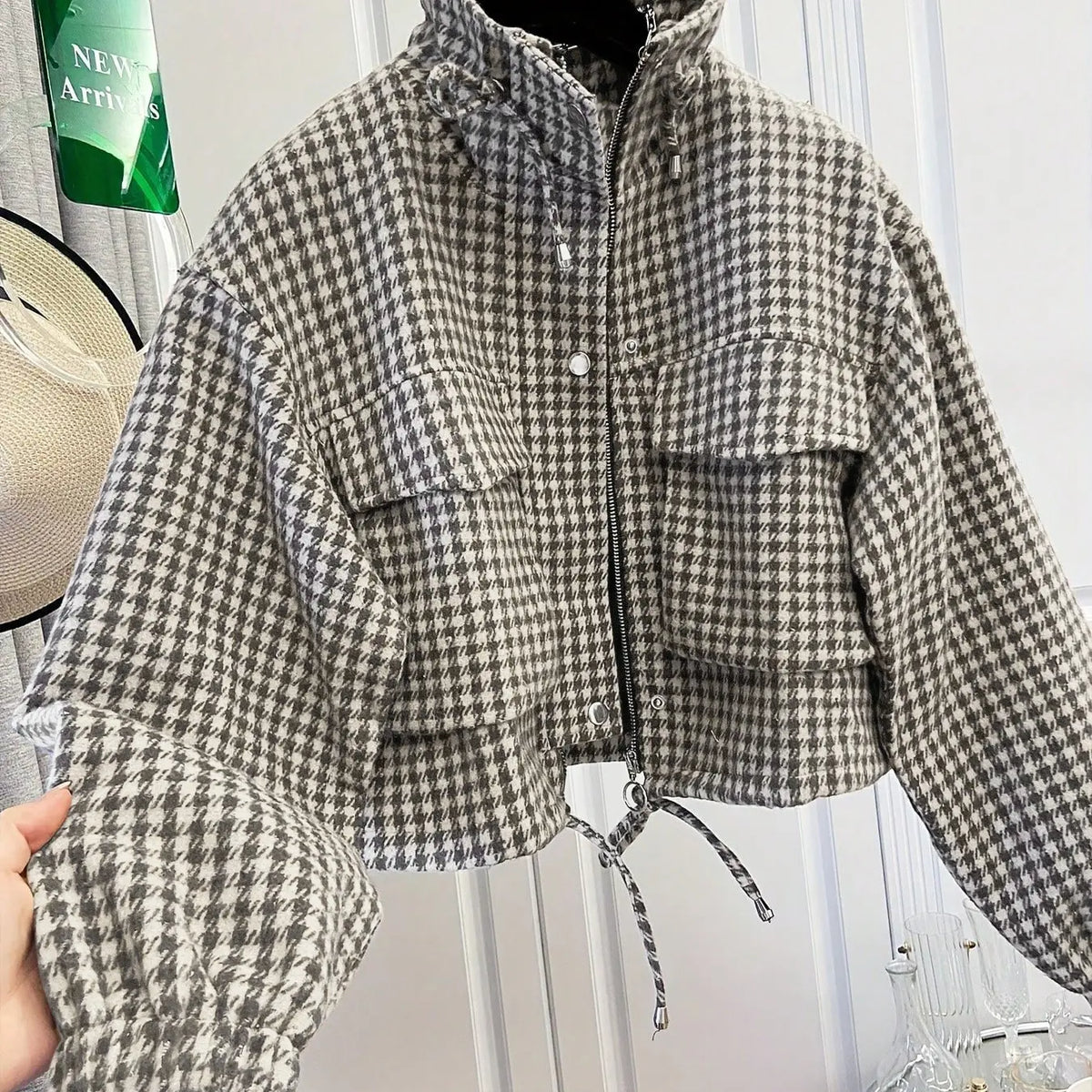 Women'S Fashion Retro Plaid Gingham Stand Collar Short Coat, Drawstring Design, Zipper Front, Perfect for Fall Winter Daily Holiday Outing