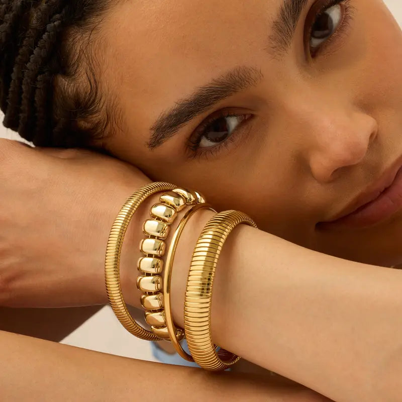 PAVOI Waterproof Bangle Bracelet for Women - 14K Gold Plated Classic Lightweight Stacking Stainless Steel Bracelet - 1-Piece & 2-Piece Bangles