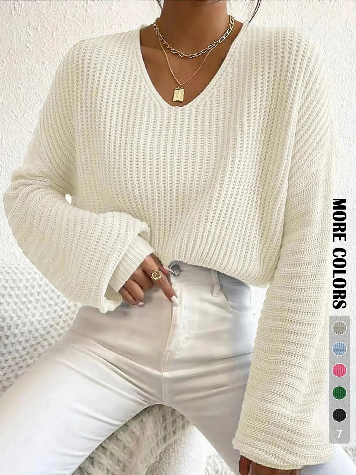 Women'S Soft Solid Hollow-Out Drop-Shoulder Loose Sweater, Casual Minimalist Long-Sleeve V-Neck Jumper for Daily Outdoor Wear, Knit Top for Fall & Winter, Knitwear