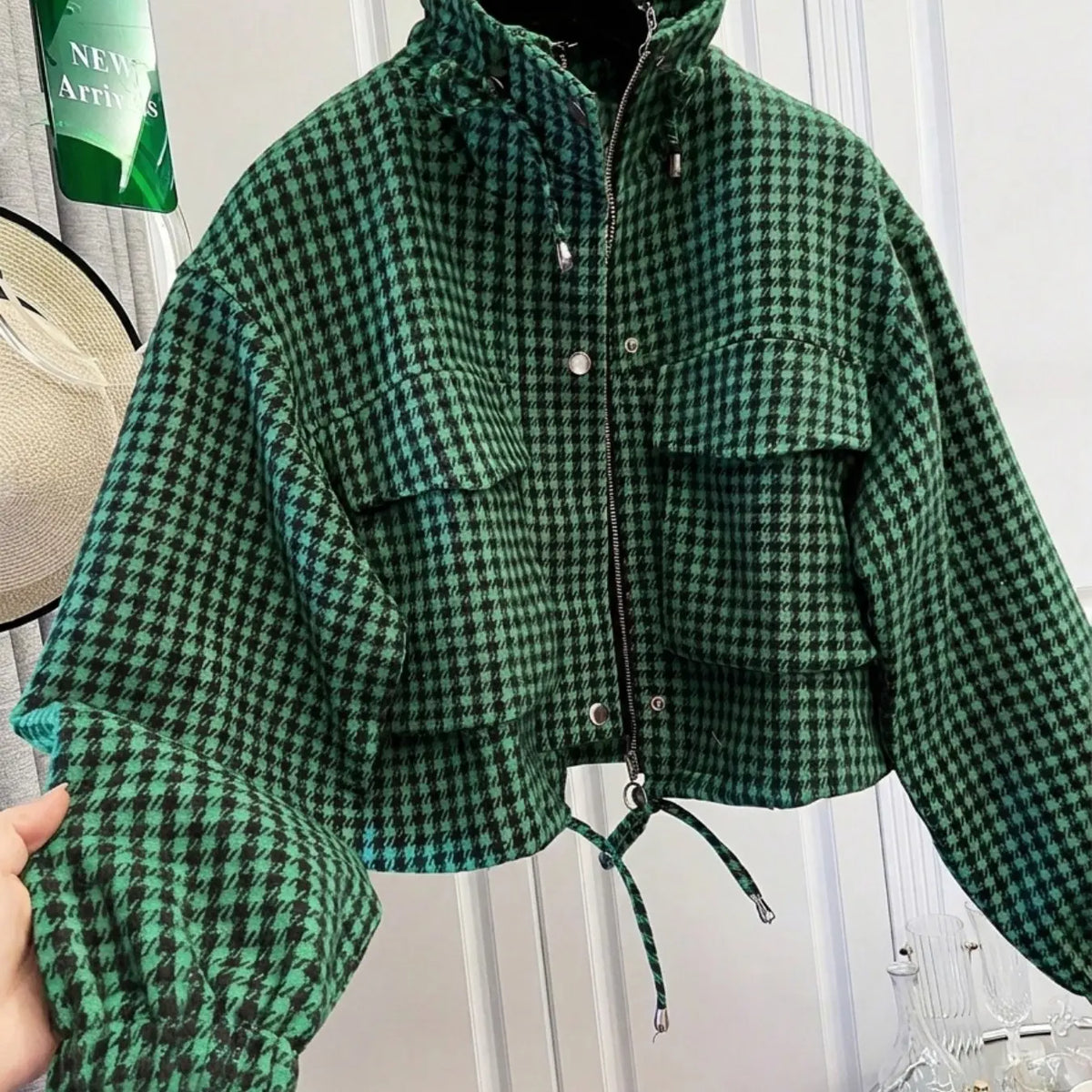 Women'S Fashion Retro Plaid Gingham Stand Collar Short Coat, Drawstring Design, Zipper Front, Perfect for Fall Winter Daily Holiday Outing