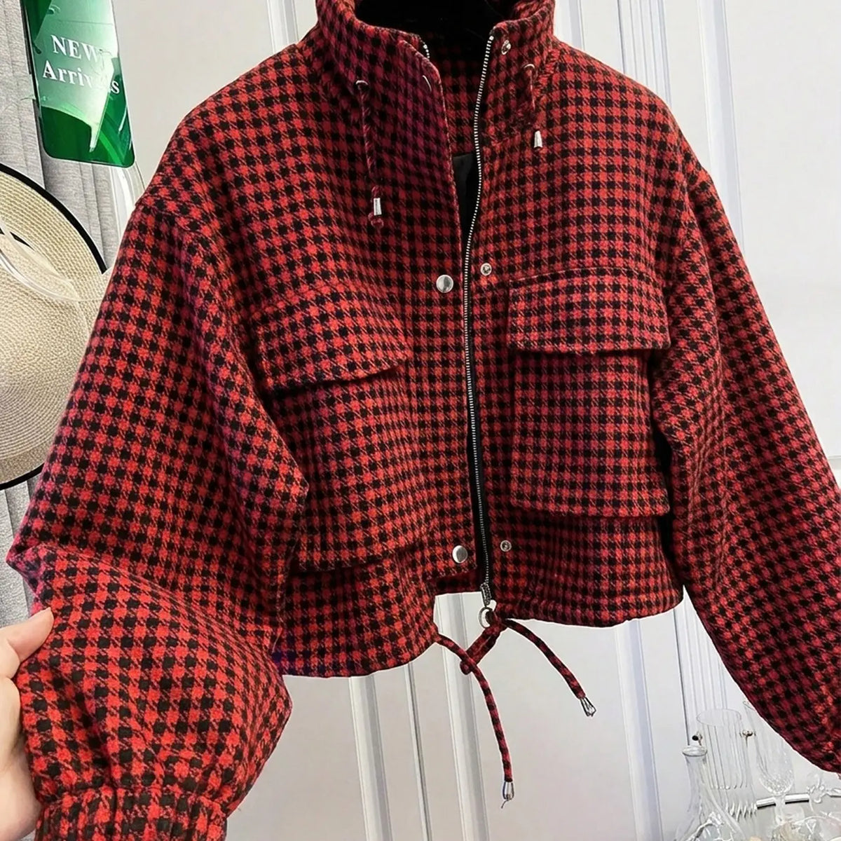 Women'S Fashion Retro Plaid Gingham Stand Collar Short Coat, Drawstring Design, Zipper Front, Perfect for Fall Winter Daily Holiday Outing