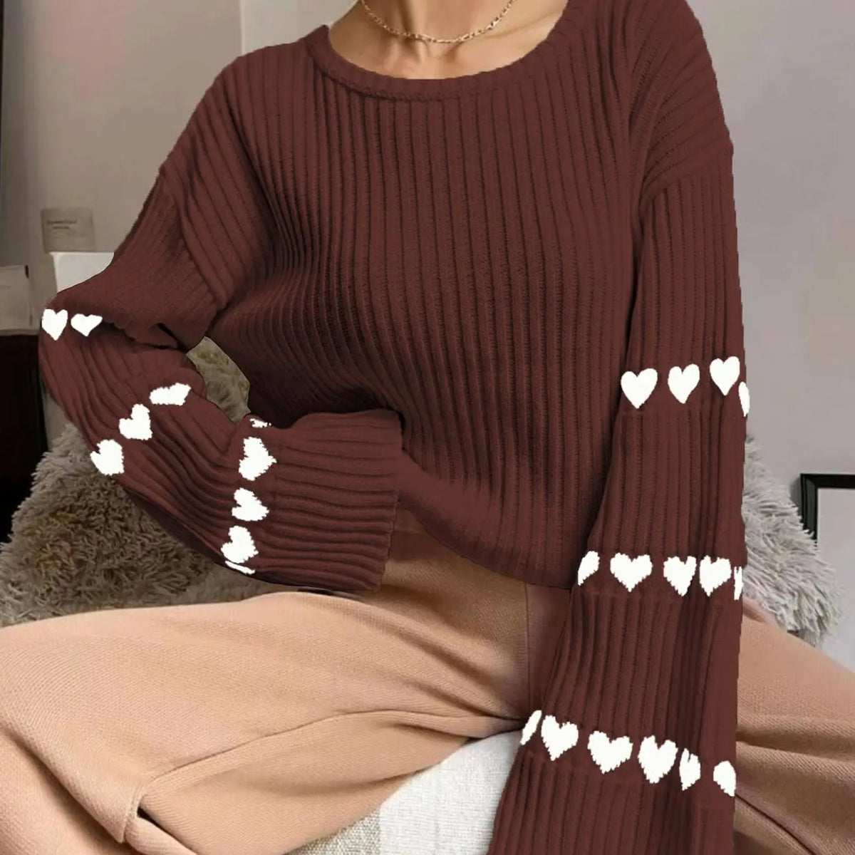 Women'S Colorblock Heart Print Drop Shoulder Sweater, Casual Long Sleeve round Neck Jumper for Fall & Winter, Fashion Ladies' Knitwear for Daily Wear