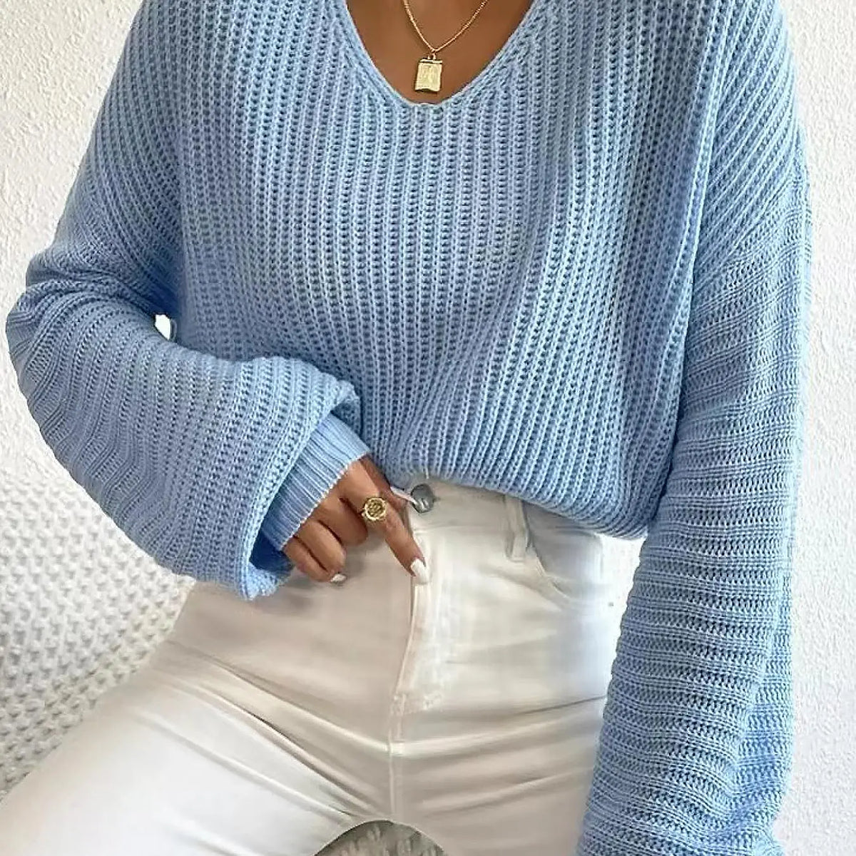 Women'S Soft Solid Hollow-Out Drop-Shoulder Loose Sweater, Casual Minimalist Long-Sleeve V-Neck Jumper for Daily Outdoor Wear, Knit Top for Fall & Winter, Knitwear