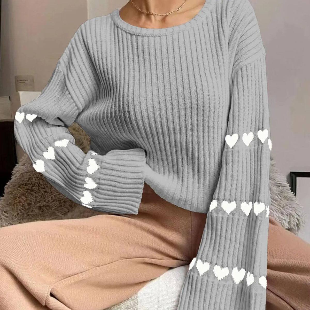 Women'S Colorblock Heart Print Drop Shoulder Sweater, Casual Long Sleeve round Neck Jumper for Fall & Winter, Fashion Ladies' Knitwear for Daily Wear