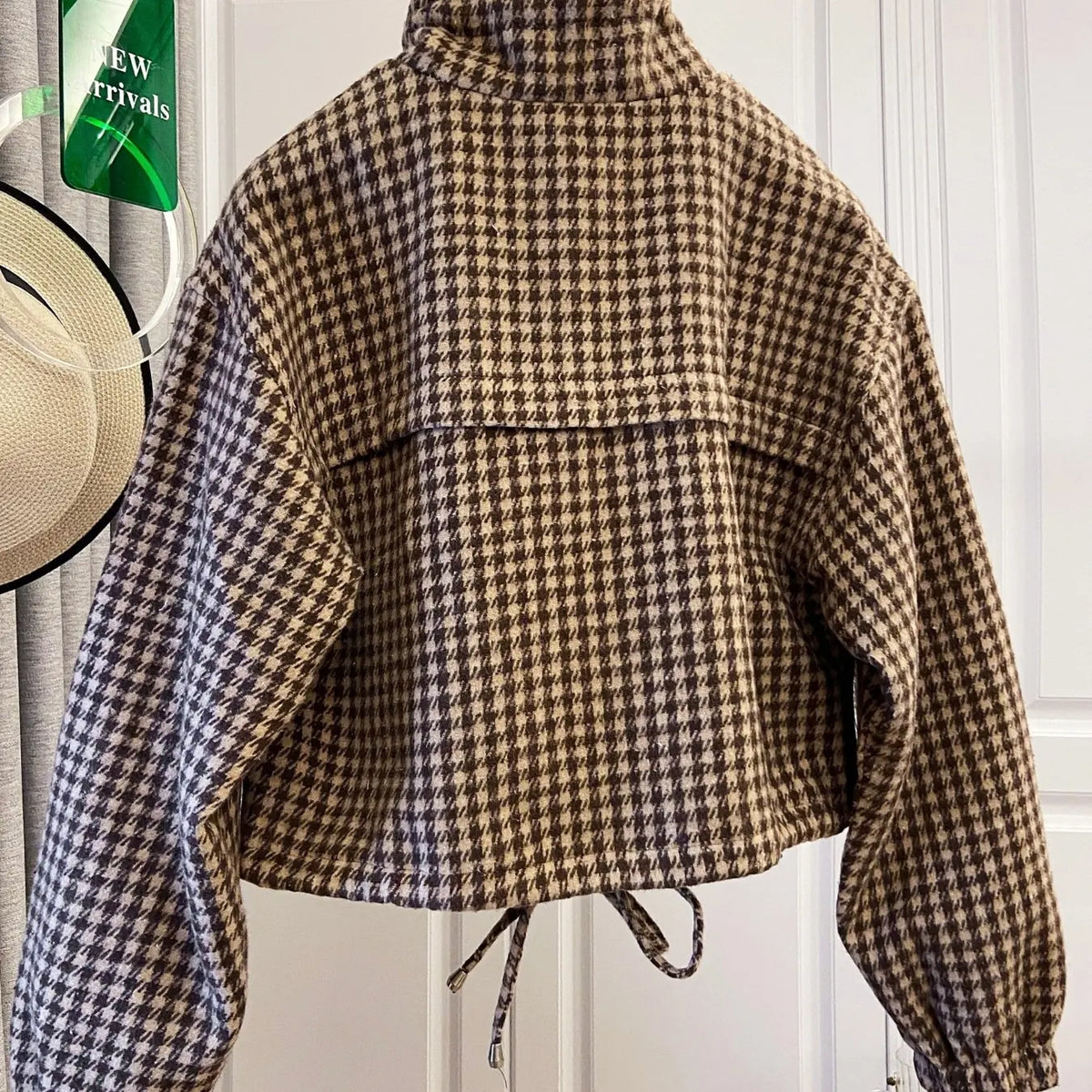 Women'S Fashion Retro Plaid Gingham Stand Collar Short Coat, Drawstring Design, Zipper Front, Perfect for Fall Winter Daily Holiday Outing