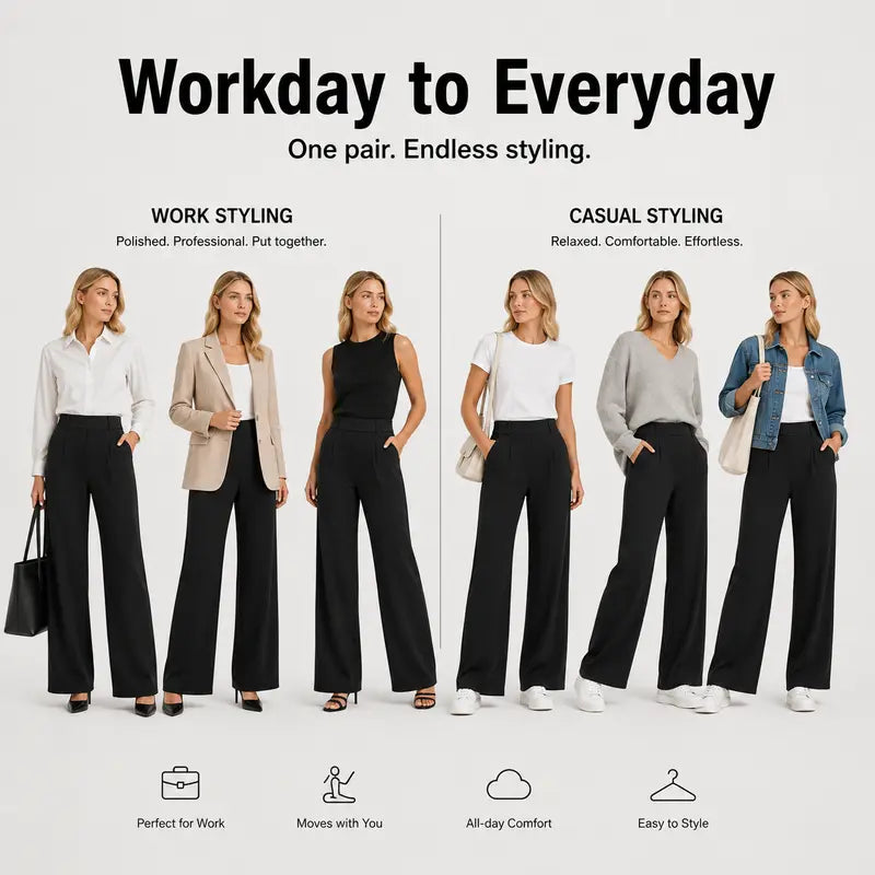 Fireswan Women'S High Waisted Wide Leg Stretchy Flat Front Dress Pants - Simple Elegant Pants, Women'S Clothes, Corporate Office Wear Pull-On Slacks with Pockets for Business Casual Back to School Outfits