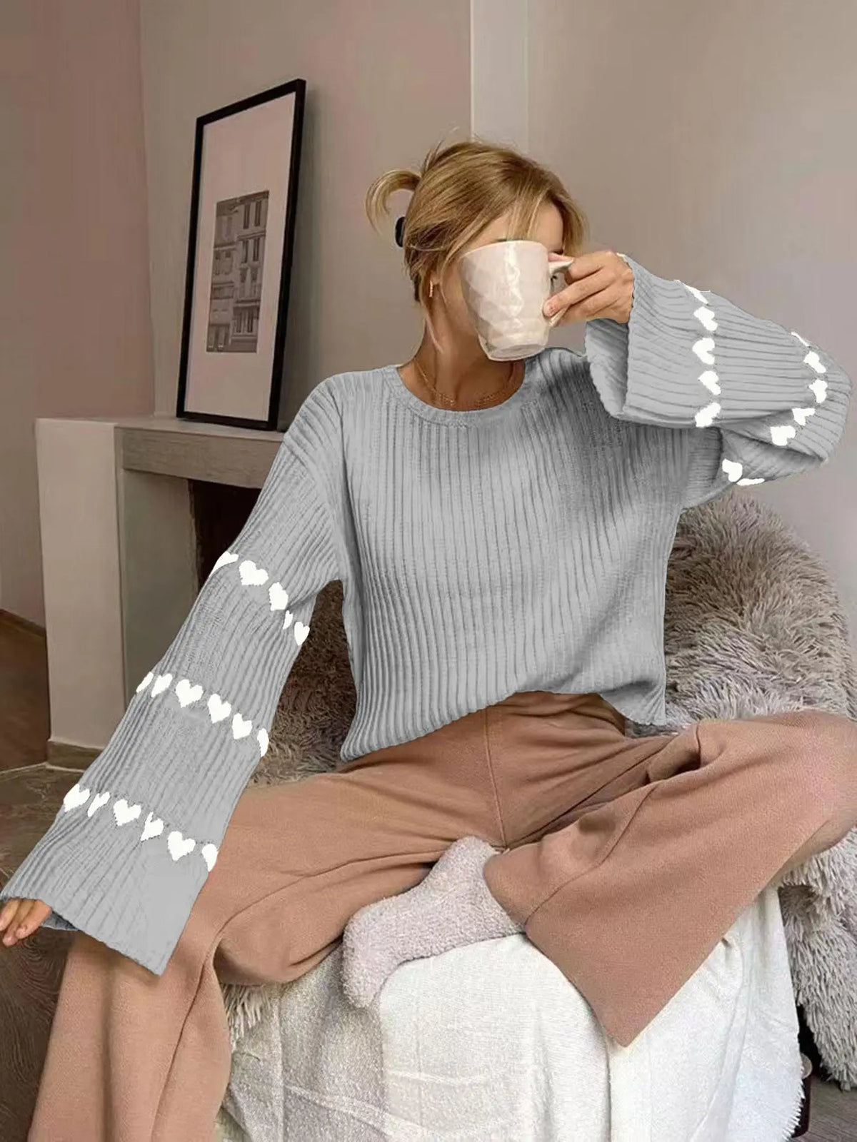 Women'S Colorblock Heart Print Drop Shoulder Sweater, Casual Long Sleeve round Neck Jumper for Fall & Winter, Fashion Ladies' Knitwear for Daily Wear