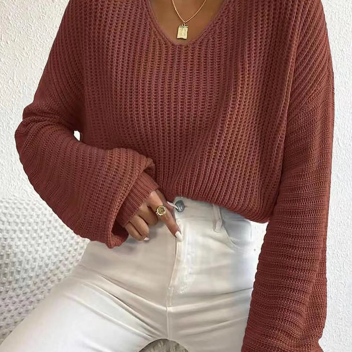 Women'S Soft Solid Hollow-Out Drop-Shoulder Loose Sweater, Casual Minimalist Long-Sleeve V-Neck Jumper for Daily Outdoor Wear, Knit Top for Fall & Winter, Knitwear