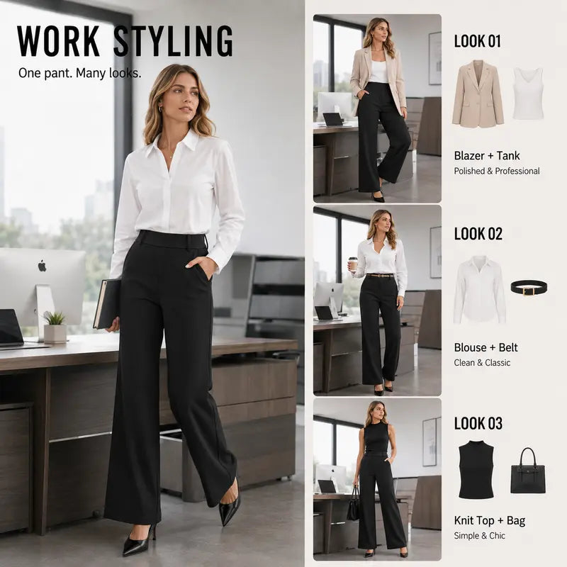 Fireswan Women'S High Waisted Wide Leg Stretchy Flat Front Dress Pants - Simple Elegant Pants, Women'S Clothes, Corporate Office Wear Pull-On Slacks with Pockets for Business Casual Back to School Outfits