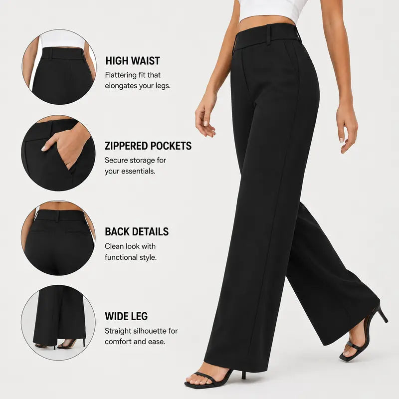 Fireswan Women'S High Waisted Wide Leg Stretchy Flat Front Dress Pants - Simple Elegant Pants, Women'S Clothes, Corporate Office Wear Pull-On Slacks with Pockets for Business Casual Back to School Outfits