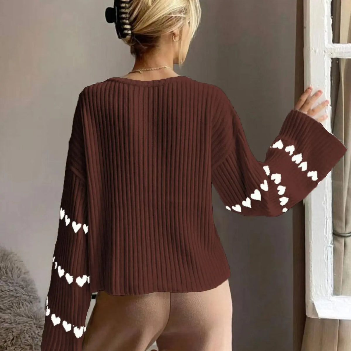 Women'S Colorblock Heart Print Drop Shoulder Sweater, Casual Long Sleeve round Neck Jumper for Fall & Winter, Fashion Ladies' Knitwear for Daily Wear