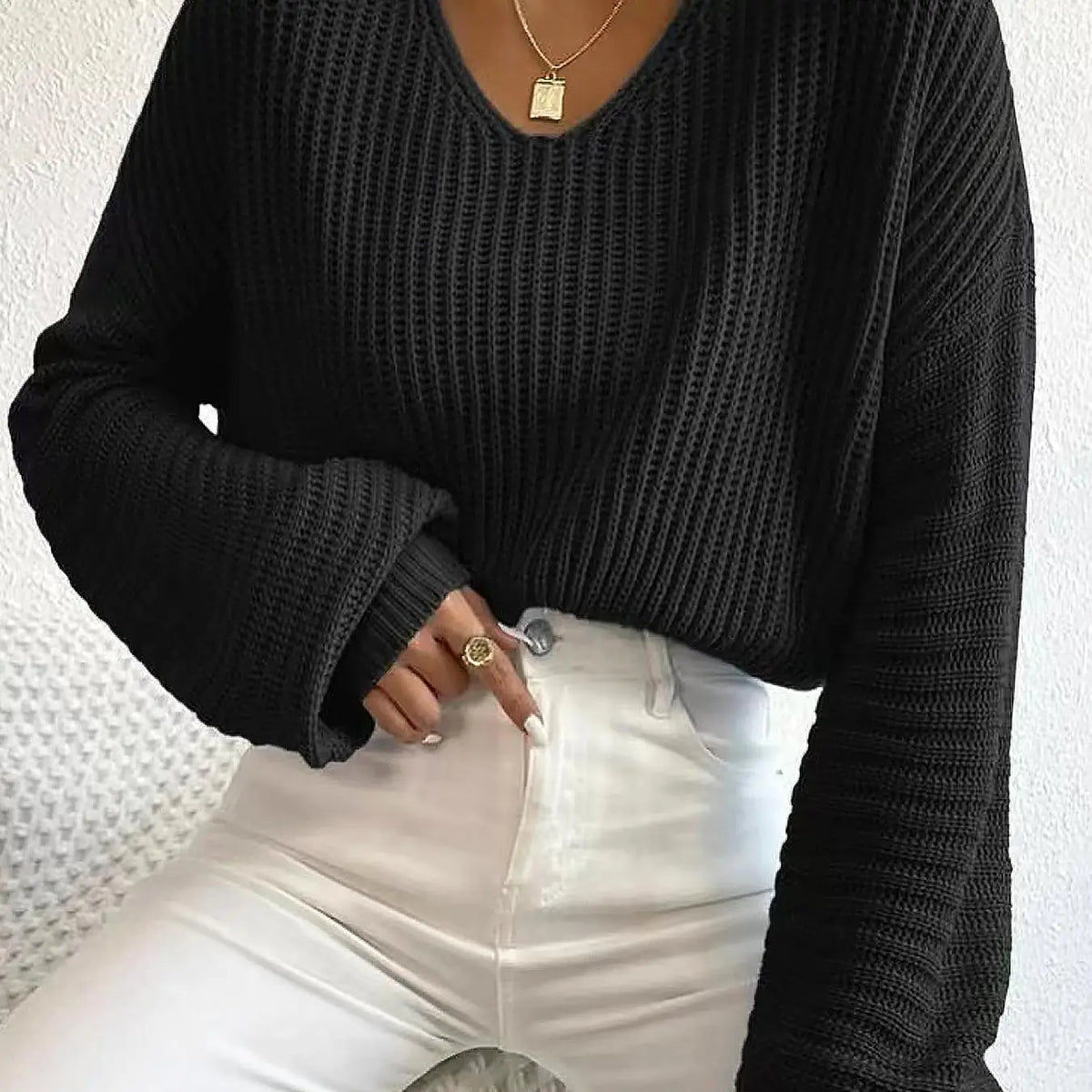 Women'S Soft Solid Hollow-Out Drop-Shoulder Loose Sweater, Casual Minimalist Long-Sleeve V-Neck Jumper for Daily Outdoor Wear, Knit Top for Fall & Winter, Knitwear
