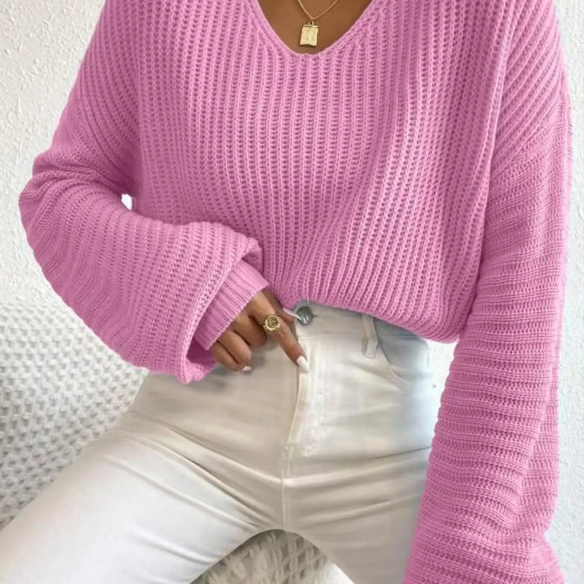 Women'S Soft Solid Hollow-Out Drop-Shoulder Loose Sweater, Casual Minimalist Long-Sleeve V-Neck Jumper for Daily Outdoor Wear, Knit Top for Fall & Winter, Knitwear